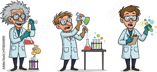 Cartoon scientists in lab coats experimenting with colorful chemicals, science beakers, test tubes, funny expressions, research and laboratory equipment