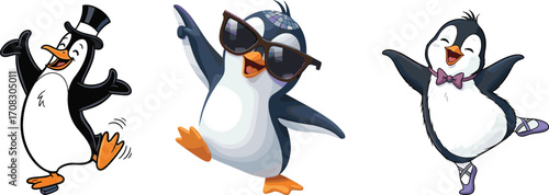 Cute cartoon penguins dancing in different styles with costumes and accessories, fun happy characters for animation, kids and party designs
