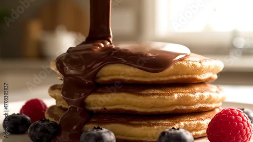 Delicious chocolate syrup pouring over stack of fluffy pancakes with berries