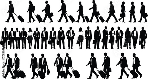 Silhouettes of business people walking and standing with luggage in airport or city, professional travel and corporate commuter lifestyle concept illustration