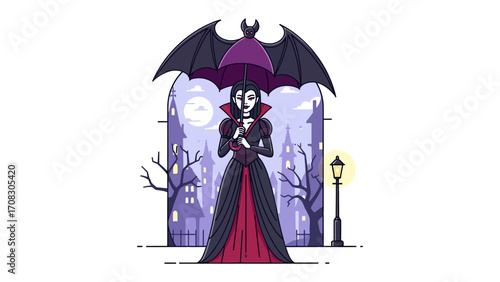 Gothic Vampire with Bat-Wing Umbrella: A captivating illustration of a gothic vampire, standing under an umbrella shaped like bat wings, evoking the allure of the dark fantasy.
