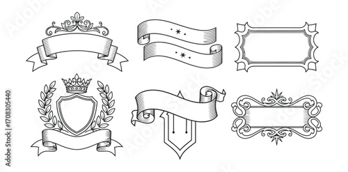A collection of six decorative vector elements including banners frames and a shield with a crown vector illustration