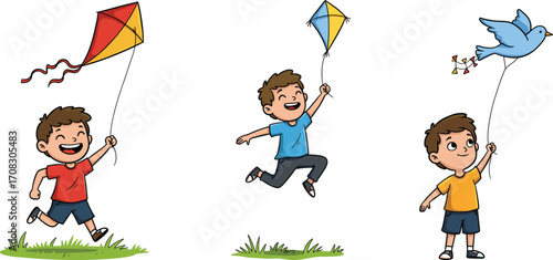 Happy kids flying colorful kites, running and jumping on green grass, summer outdoor activity, childhood fun, playful boys illustration