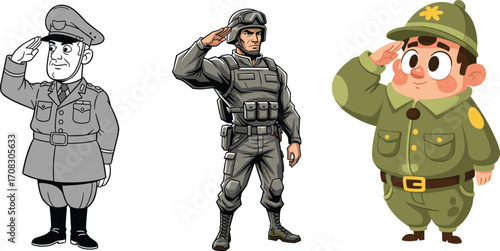 Three soldiers saluting, military cartoon characters, army uniforms, different styles, black and white, realistic and cute, diverse soldier illustrations