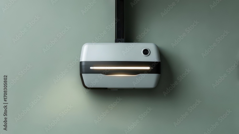 Fototapeta premium A minimalist, rectangular device with a glowing light strip is mounted on a sage green wall, suggesting a futuristic or technological application