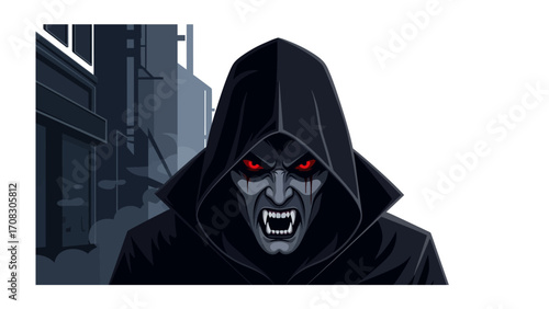 Shadowy Figure of Dread: A menacing cloaked figure with glowing red eyes and sharp teeth emerges from the darkness of the city, its face contorted in a sinister expression.