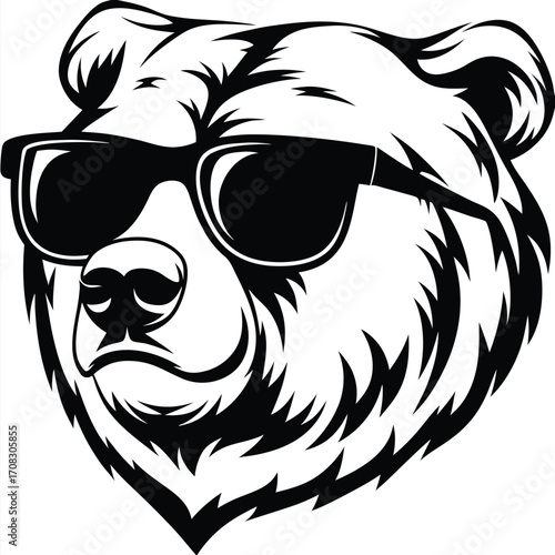 Grizzly bear head wears sunglasses; this monochromatic animal shows a strong and modern design