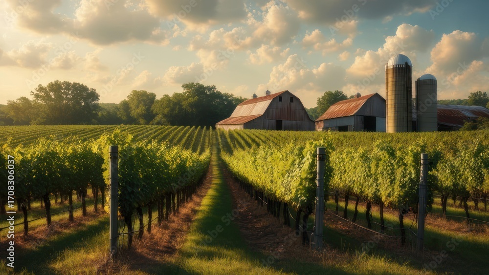 Obraz premium Vineyard rows at sunset, old barns in background