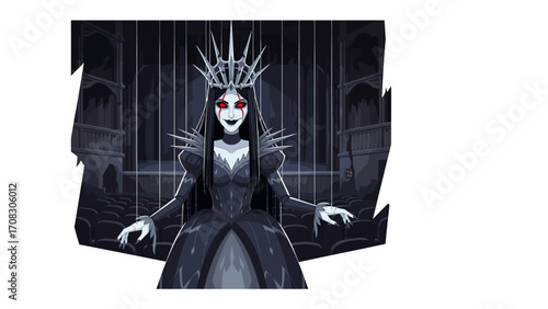 Enigmatic Sovereign: A haunting digital art piece portrays an imposing queen, radiating dark allure. Her regal presence, accentuated by an ominous crown.