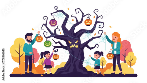 Spooky Halloween Tree: A family comes together to decorate a haunted tree for Halloween, embodying the spirit of the holiday and the joy of shared traditions.