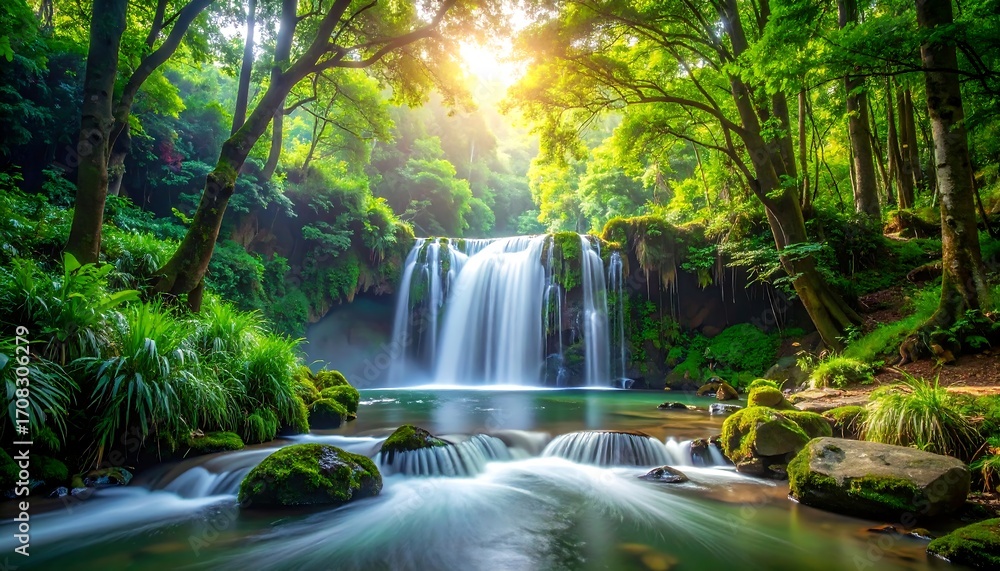 Fototapeta premium A serene waterfall cascades into a crystal-clear pool, surrounded by lush, vibrant green foliage, bathed in sunlight