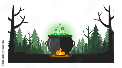 Magic Cauldron in the Enchanted Forest: An animated illustration of a bubbling cauldron amidst a mystical forest, with the cauldron emanating enchanting emerald bubbles and a lively flame.
