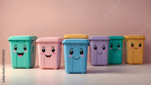 Cute 3D kawaii recycling bins with pastel colors and minimal style, eco-friendly design, isolated background, perfect for sustainability and green living stock images.