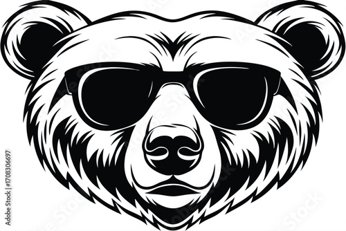 Isolated black and white bear face shows off stylish sunglasses in a captivating image