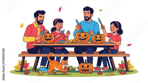 A family enjoying the autumn activities of the carving pumpkins: A heart-warming scene of a family sharing laughter and creativity as they carve pumpkins together on a crisp autumn day.