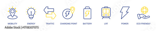 E-Mobility Line Color Icon Set For Web Banner. Vector Illustration Concept With Some Icons. Designed In Line Color Style