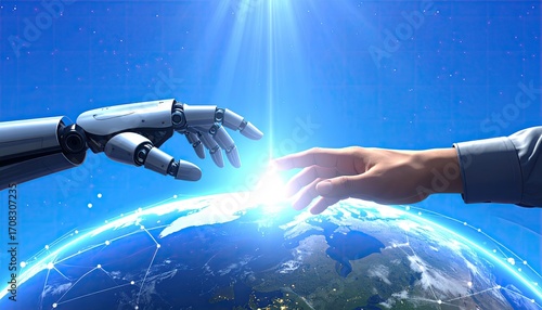 Futuristic robot hand reaching out to human hand over Earth