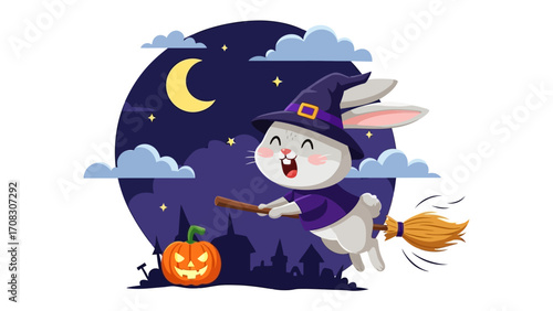 Enchanting Halloween Bunny: A whimsical illustration of a happy bunny, dressed as a witch, soaring across a moonlit night sky on a broomstick.