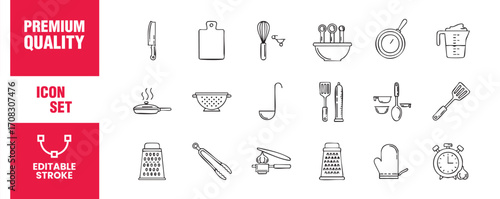 This icon set showcases a collection of essential kitchen tools and utensils, such as knives, cutting boards, pans, and graters, ideal for culinary designs and recipe illustrations