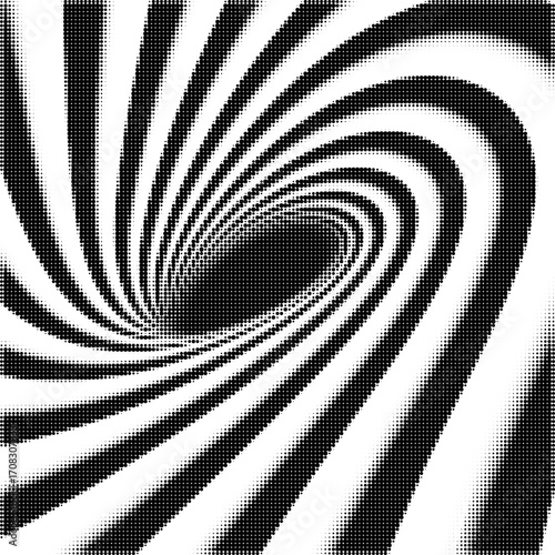 Abstract black and white halftone swirl. Optical illusion vortex with curved dynamic lines, retro op-art style background.