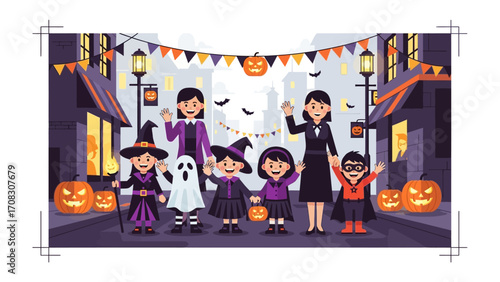 Spooky Gathering on Halloween: A cheerful group of kids dressed in Halloween costumes, accompanied by adults, smiles and waves in front of the city streets.