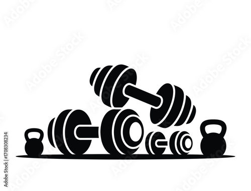 Gym Equipment Vector Set, Barbells, Dumbbells, Kettlebells