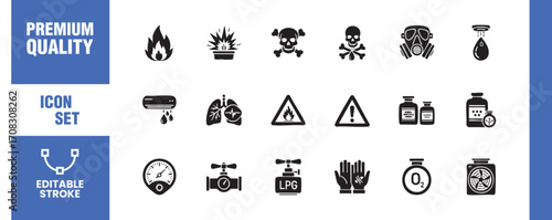 This vector icon set features a collection of hazardous material symbols, including flammable, explosive, poisonous, and corrosive substances