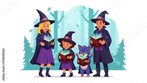 Mystical Halloween Gathering: A magical family of witches and their furry friend conjures up enchanting spells, creating a whimsical scene filled with books and the essence of Halloween!