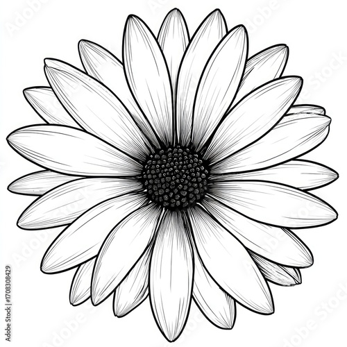 Detailed black and white line art of a daisy