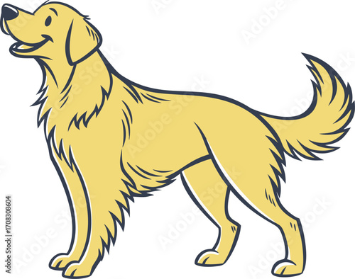 Golden retriever drawing, joyful yellow dog with wavy fur, friendly breed design. Cheerful canine pose, lively pet sketch, perfect dog art and animal enthusiast print.