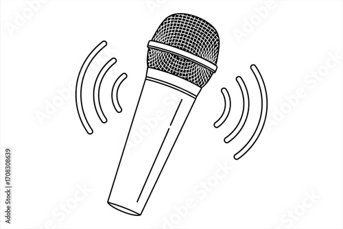 Black and white line drawing of a microphone emitting sound waves audio signal