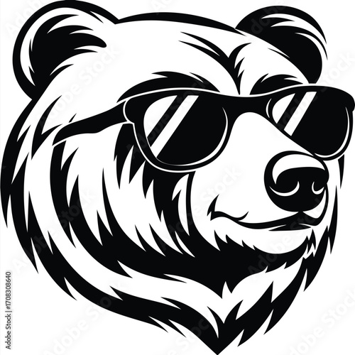 Black bear head wears sunglasses exhibiting a bold, solid pattern against white backdrop