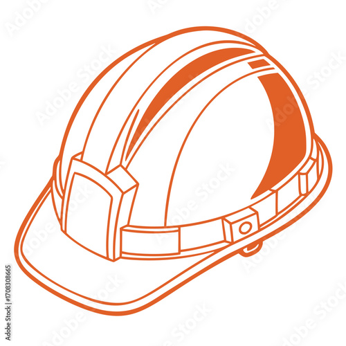 Hard hat design, orange construction helmet with sturdy straps, safety gear for workers. Ideal for industrial art or safety poster prints, this bold headgear protects on site.