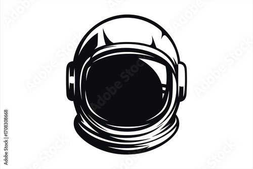 Black and white illustration of an astronaut helmet with reflective visor space helmet space suit