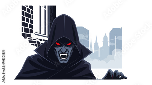 The Silhouette's Specter: A mysterious figure looms ominously, shrouded in a dark cloak, his menacing gaze and sharp fangs conveying a sense of dread.