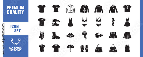 Collection of clothing and accessories icons includes shirts, jackets, dresses, swimwear, shoes, hats, scarves, gloves, bags, and umbrellas for fashion design