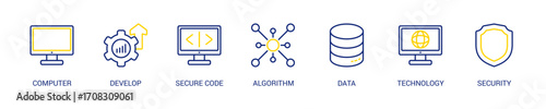 Progamming Line Color Icon Set For Web Banner. Vector Illustration Concept With Some Icons. Designed In Line Color Style