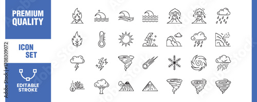 Comprehensive set of natural disaster icons, illustrating various calamities such as fire, flood, earthquake, and storm in a minimalist and editable style