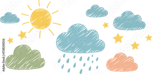 Cute hand drawn clouds sun stars and rain with transparent background