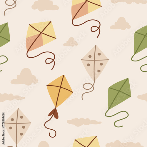 Kite Seamless Pattern with Strings, Tails and Sky Elements