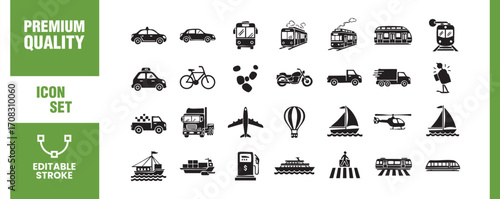 This icon set showcases a diverse range of transportation methods, including cars, taxis, buses, trains, bicycles, motorcycles, trucks, airplanes, boats, and more, providing a comprehensive overview