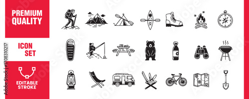Camping and outdoor activities icon set collection of vector line art illustrations depicting various camping, hiking, and outdoor adventure elements