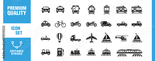 This icon set features a wide array of transportation options, encompassing cars, taxis, buses, trains, bicycles, motorcycles, trucks, airplanes, boats, and more, offering a complete view