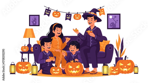 Halloween Family Gathering: A joyous family, adorned in festive costumes, gathers to celebrate Halloween in a cozy, inviting home, surrounded by cheerful jack-o'-lanterns and spooky decorations. 