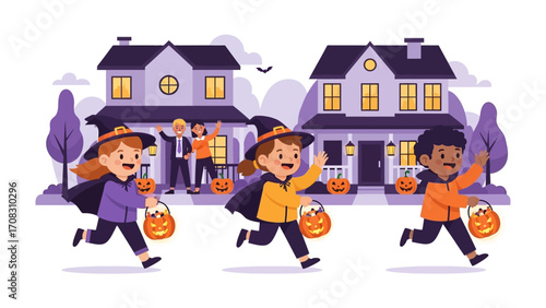 Halloween Night: Children in costume running house to house for trick or treat, with the cheerful smiles of Halloween celebrations and house background. 