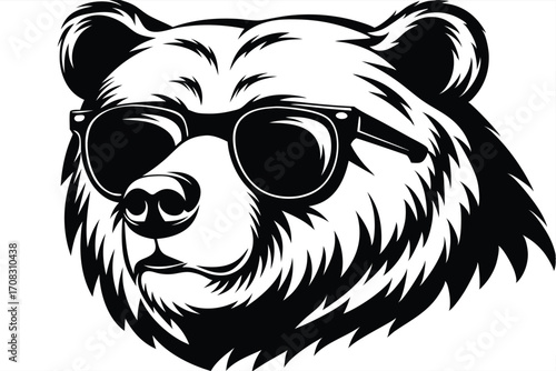Black and white bear is wearing sunglasses, creating a stylish monochrome animal mascot