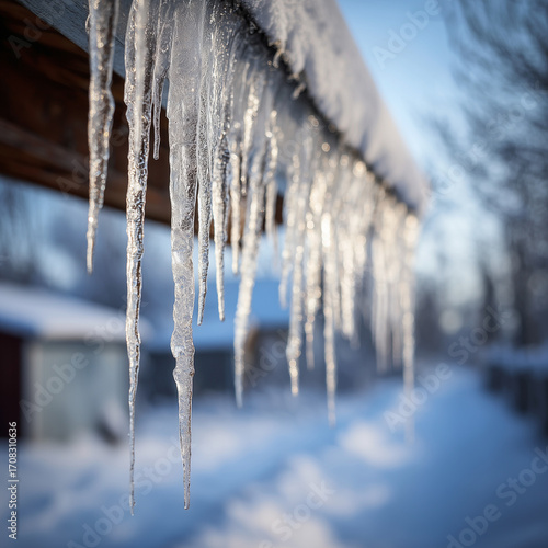 Wallpaper Mural Icicles hanging from the edge of roof in winter, clear frozen ice background. Perfect for seasonal nature and weather themes. Torontodigital.ca
