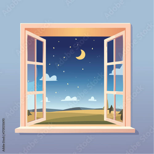 Night sky in window frame. Interior element icon