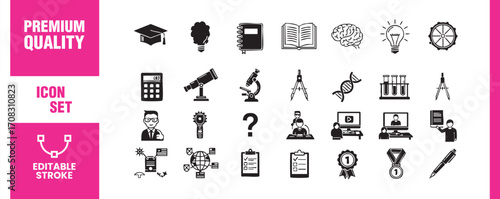 Education and science icon set includes symbols for learning, research, technology, and innovation in a modern and minimalist design