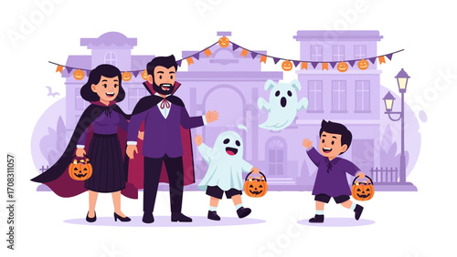 Spooky Family Halloween: A spirited family of four, dressed in imaginative costumes, celebrates Halloween night with playful tricks and treats against the backdrop of a festive, themed street.